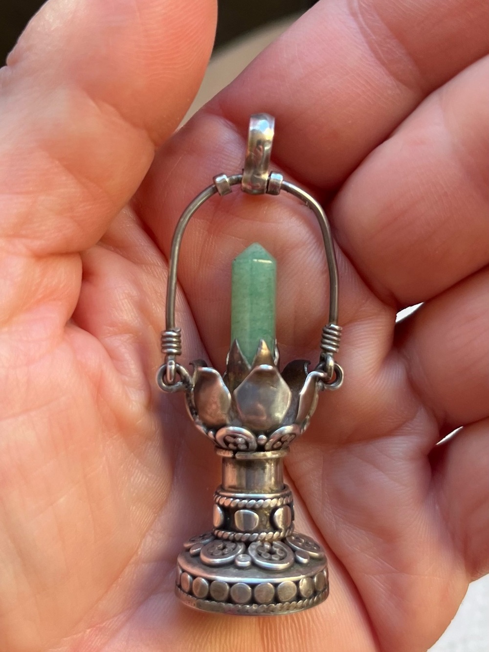 Sterling Silver Lotus Pendant with Green Aventurine Point